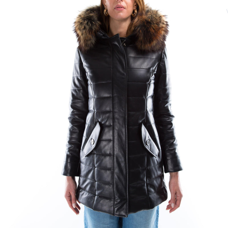 Italian handmade Women genuine soft lambskin leather hooded quilted warm jacket coat slim fit color black