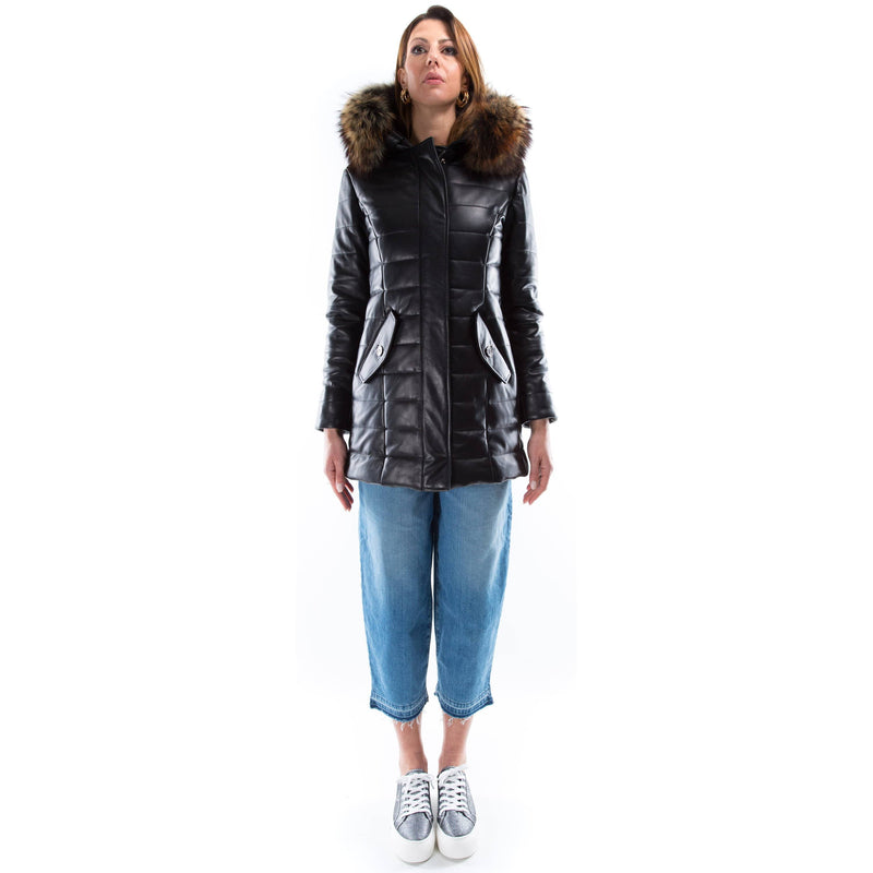 Italian handmade Women genuine soft lambskin leather hooded quilted warm jacket coat slim fit color black