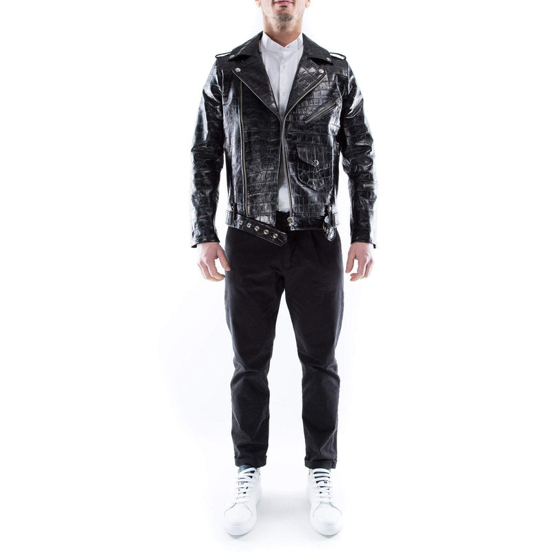 Italian handmade Men black Distressed Crocodile leather biker jacket slim fit XXS to 2XL