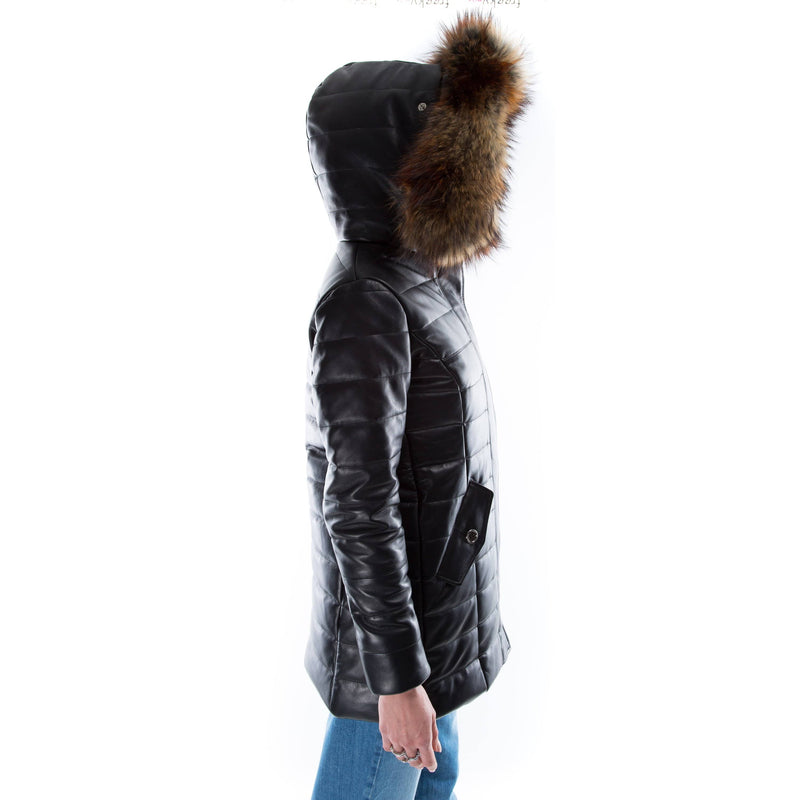 Italian handmade Women genuine soft lambskin leather hooded quilted warm jacket coat slim fit color black