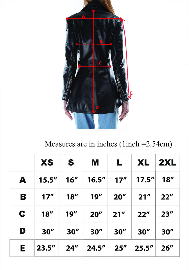 Italian handmade Women genuine leather long biker jacket slim fit black XS to 2XL