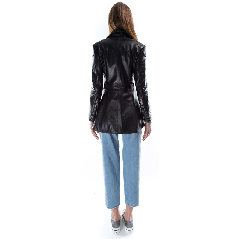 Italian handmade Women genuine leather long biker jacket slim fit black XS to 2XL