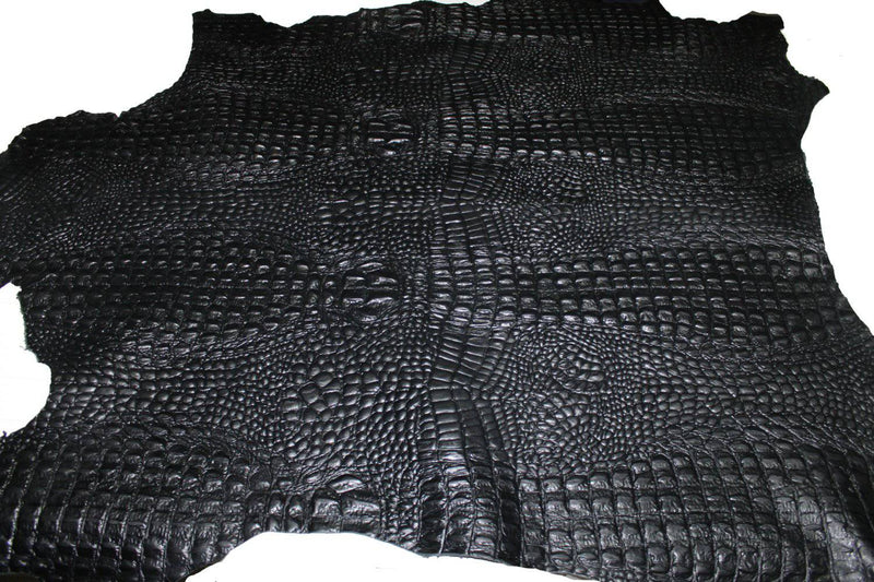 Italian textured lambskin Lamb Sheep leather 12 skins hides CROCODILE ALLIGATOR texture embossed on BLACK 80-90sqf