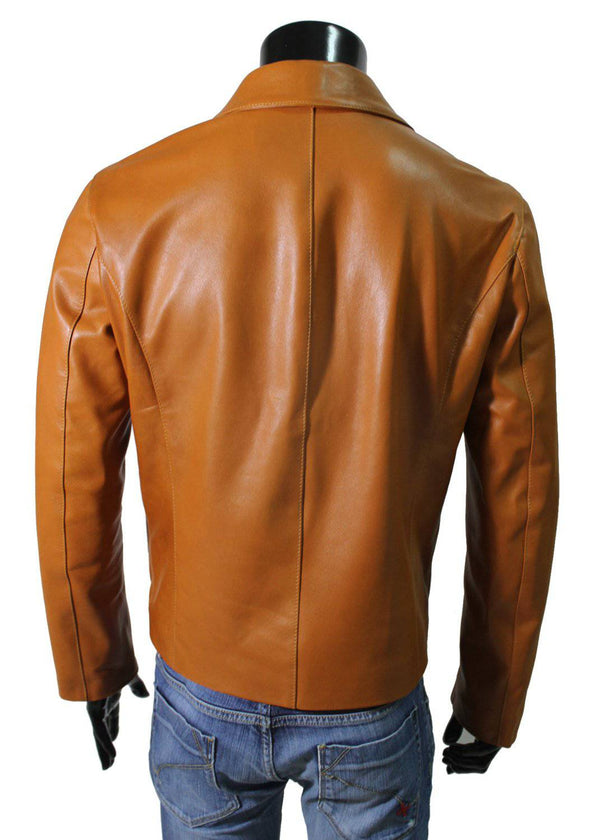 Italian handmade Men genuine lambskin leather jacket slim fit color Tan