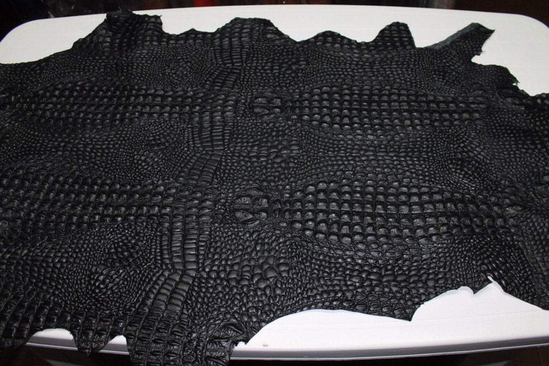 Italian Thick Goatskin leather 12 skins hides CROCODILE ALLIGATOR embossed on BLACK 80-90sqf